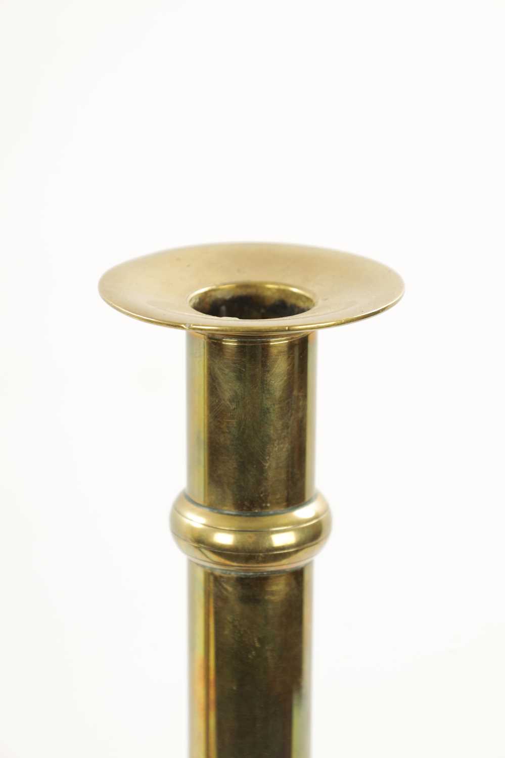 A PAIR OF LARGE 19TH CENTURY BRASS EJECTOR 'PULPIT' BRASS CANDLESTICKS - Image 2 of 7