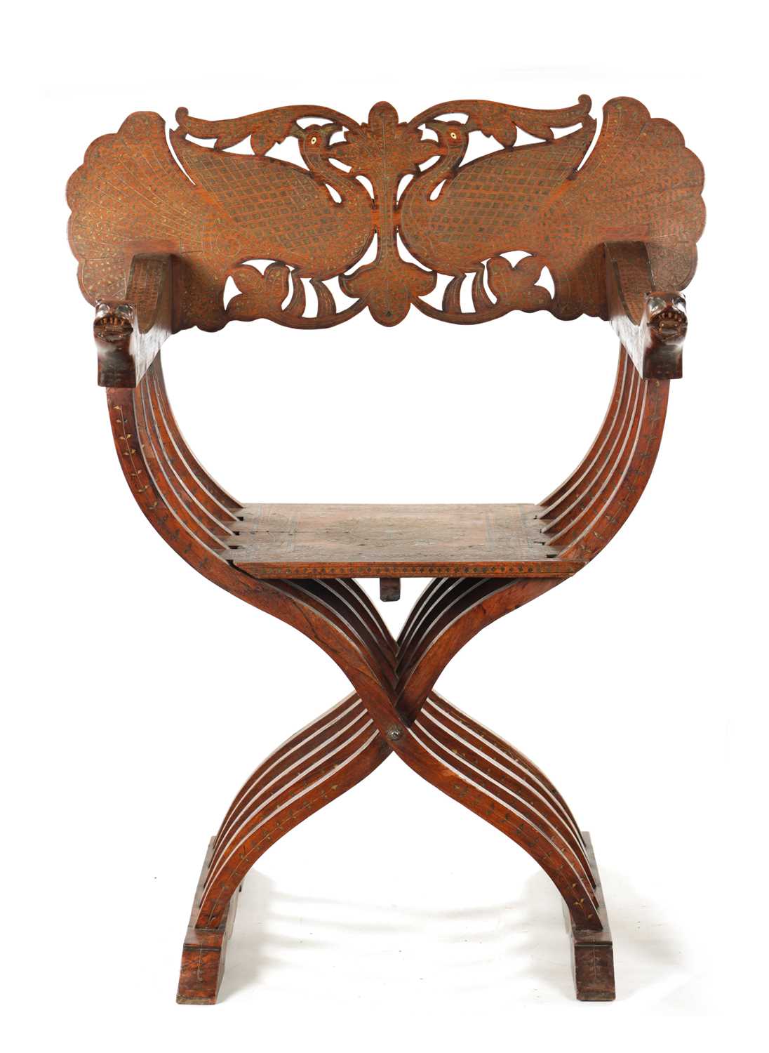 A 19TH CENTURY INDIAN HARDWOOD AND BRASS INLAID FOLDING SAVONAROLA ARMCHAIR