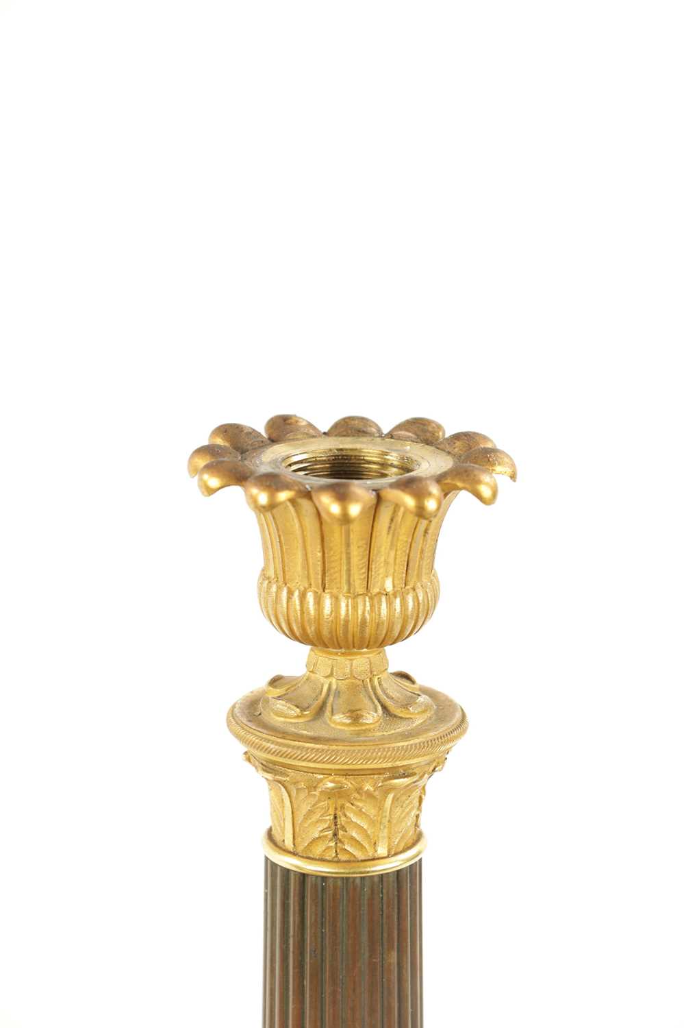A PAIR OF REGENCY BRONZE AND ORMOLU CANDLESTICKS WITH LATER OIL LAMP FITTINGS - Image 7 of 12