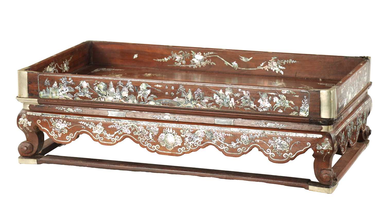 A 19TH CENTURY CHINESE HARDWOOD AND MOTHER OF PEARL INLAID TRAY ON STAND