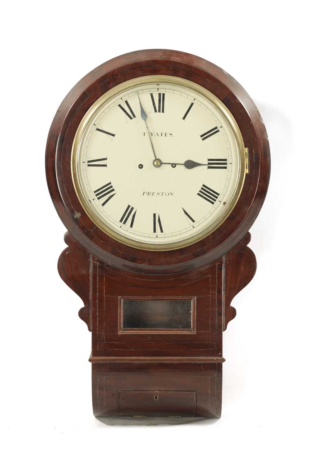 T. YATES, PRESTON. A 19TH CENTURY STRING INLAID MAHOGANY DOUBLE FUSEE WALL CLOCK