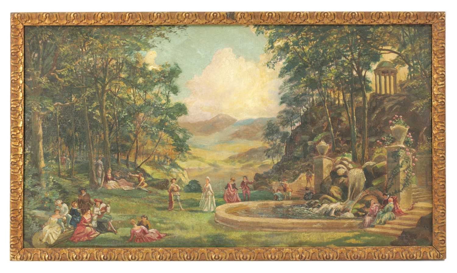 A EDWARDIAN OIL ON PANEL DEPICTING LADIES AND GENTLEMAN IN A GARDEN SETTING