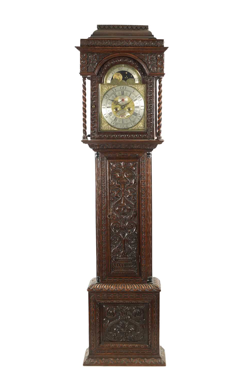 THOMAS LISTER, LUDDENDEN. A MID 18TH CENTURY EIGHT-DAY BRASS DIAL MOON ROLLER LONGCASE CLOCK