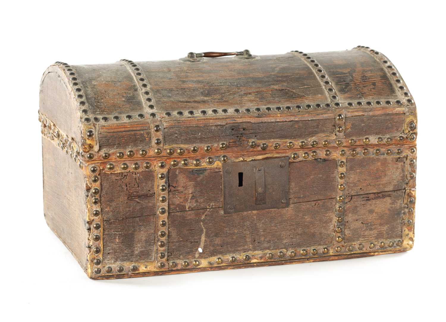 AN 18TH CENTURY STUDDED PINE SMALL DOME-TOP TRUNK BEARING ORIGINAL TRADE LABEL FOR JOHN CLEMENTE’S,