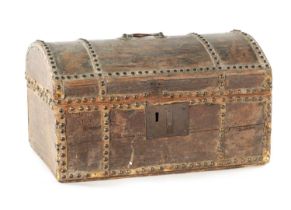 AN 18TH CENTURY STUDDED PINE SMALL DOME-TOP TRUNK BEARING ORIGINAL TRADE LABEL FOR JOHN CLEMENTE’S,