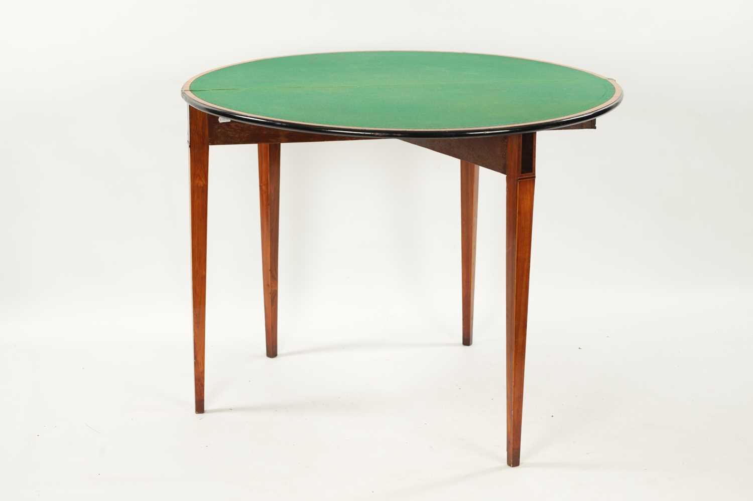 A GEORGE III SATINWOOD AND INLAID EBONISED DEMI LUNE FOLD OVER CARD TABLE - Image 8 of 10