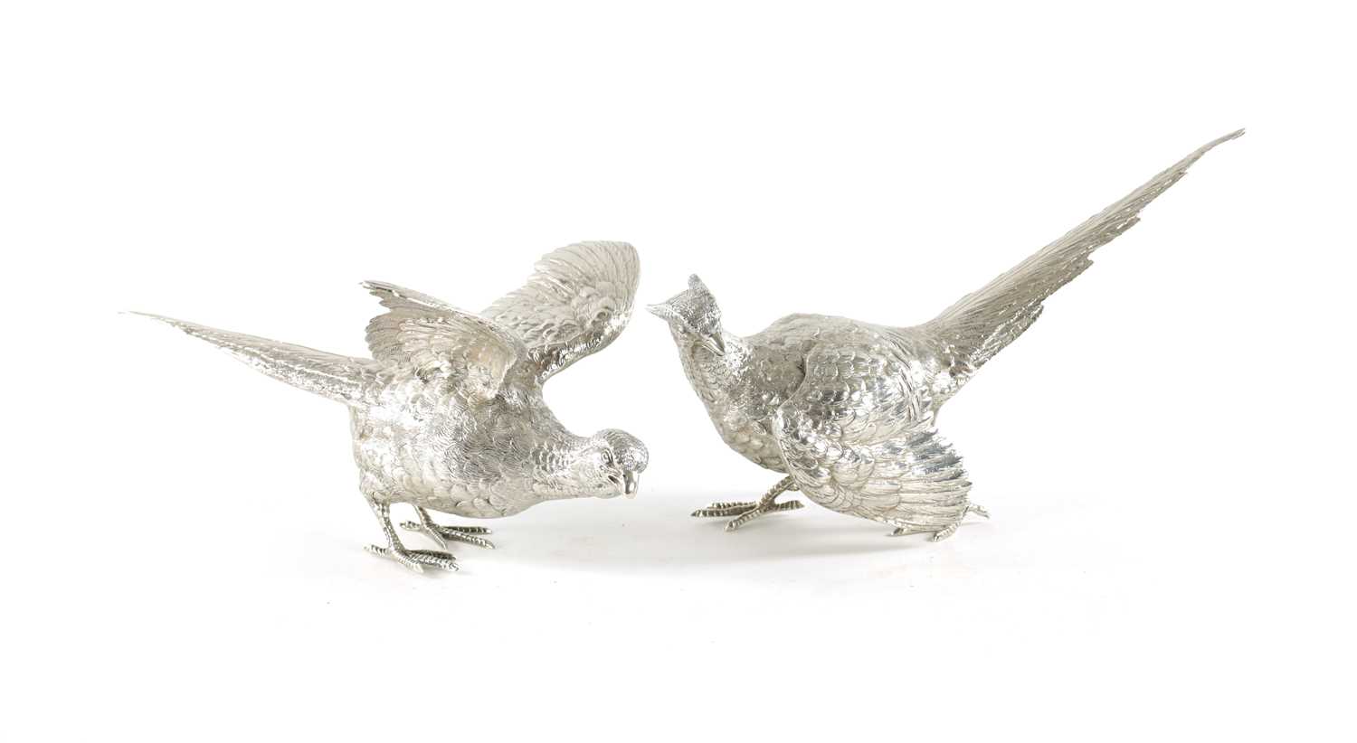 A PAIR OF 20TH CENTURY MAPPIN & WEBB SILVER PHEASANTS