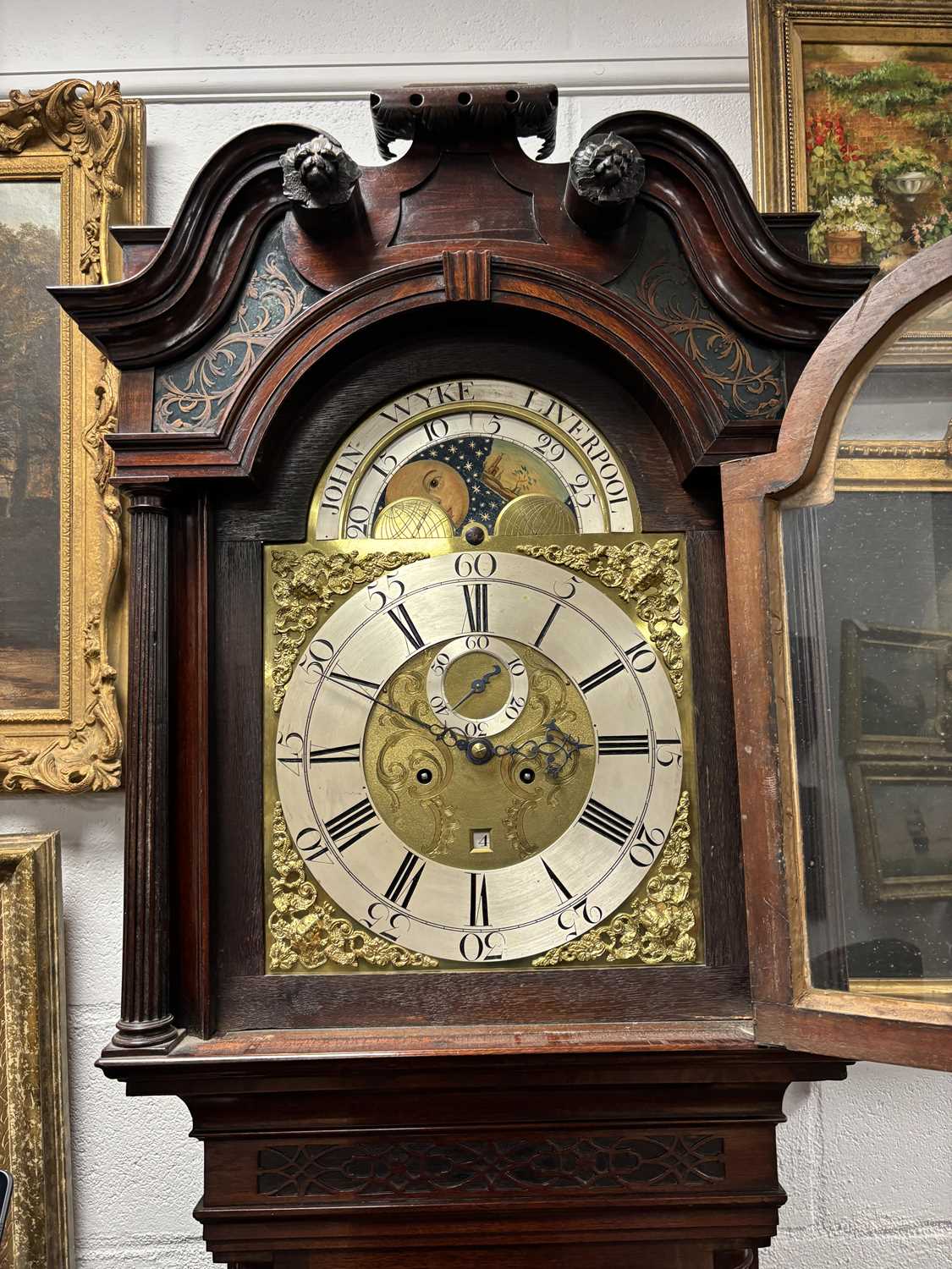 JOHN WYKE, LIVERPOOL. AN EARLY GEORGE III FIGURED MAHOGANY EIGHT DAY LONGCASE CLOCK - Image 11 of 16