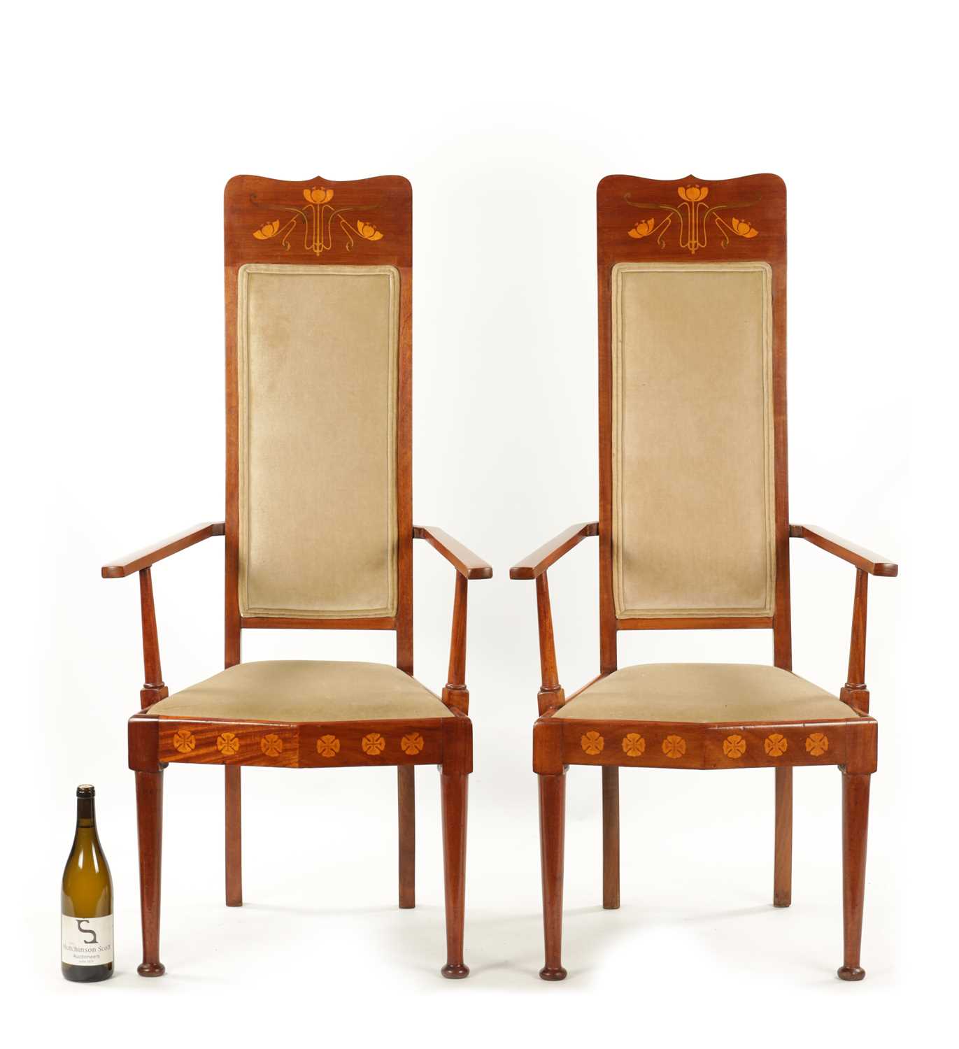 A PAIR OF INLAID MAHOGANY ART NOVEAU LIBERTY-STYLE UPHOLSTERED ARMCHAIRS - Image 2 of 11