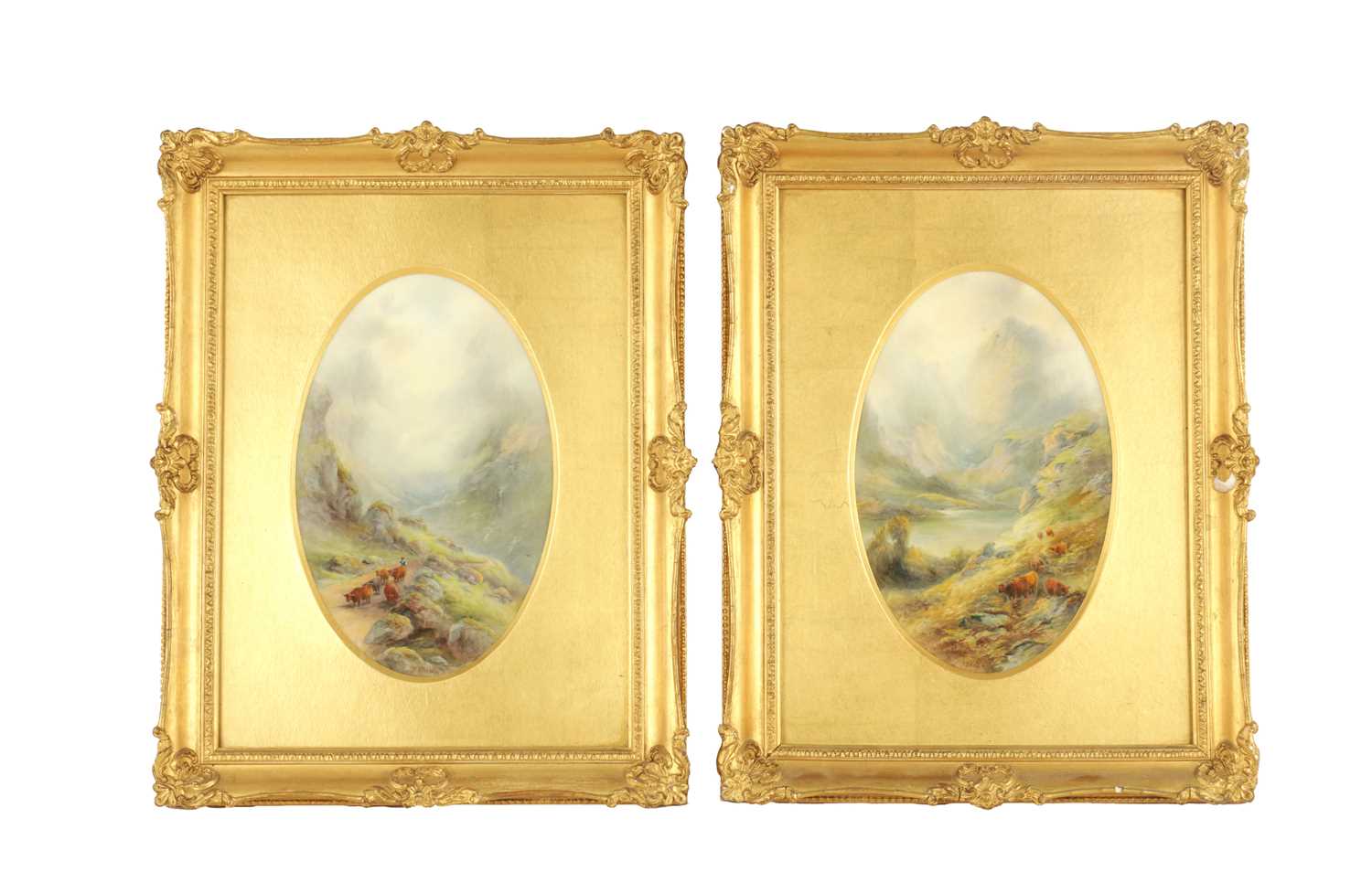 JAMES STINTON A PAIR OF ROYAL WORCESTER FRAMED OVAL PORCELAIN PLAQUES