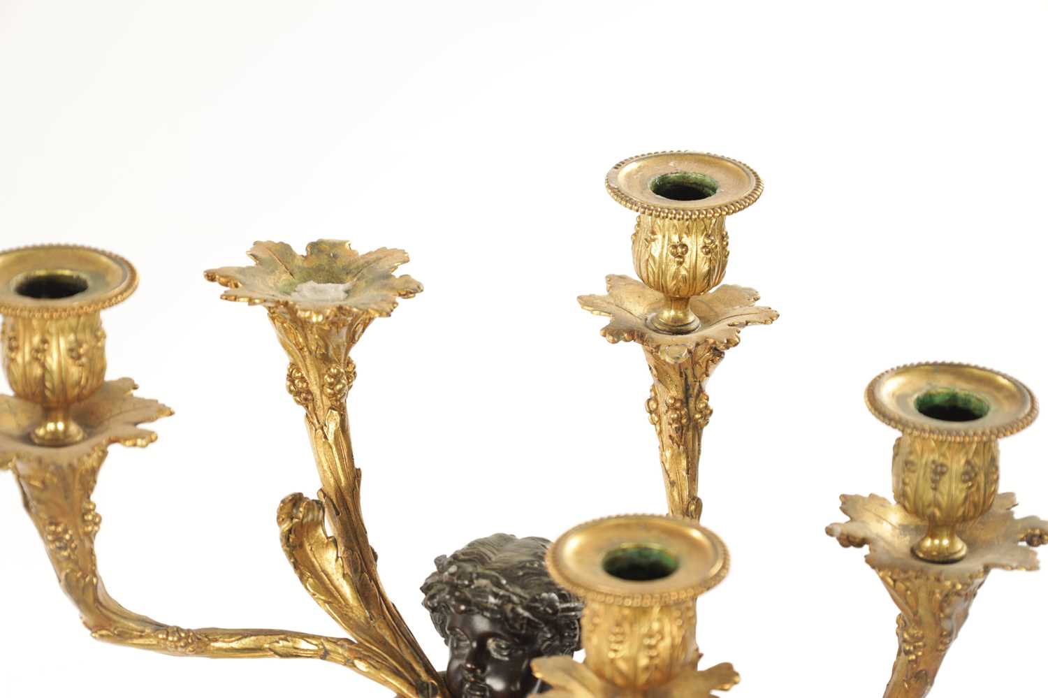 A GOOD PAIR OF ORMOLU AND BRONZE CHERUB FIVE BRANCH CANDELABRA - Image 3 of 6