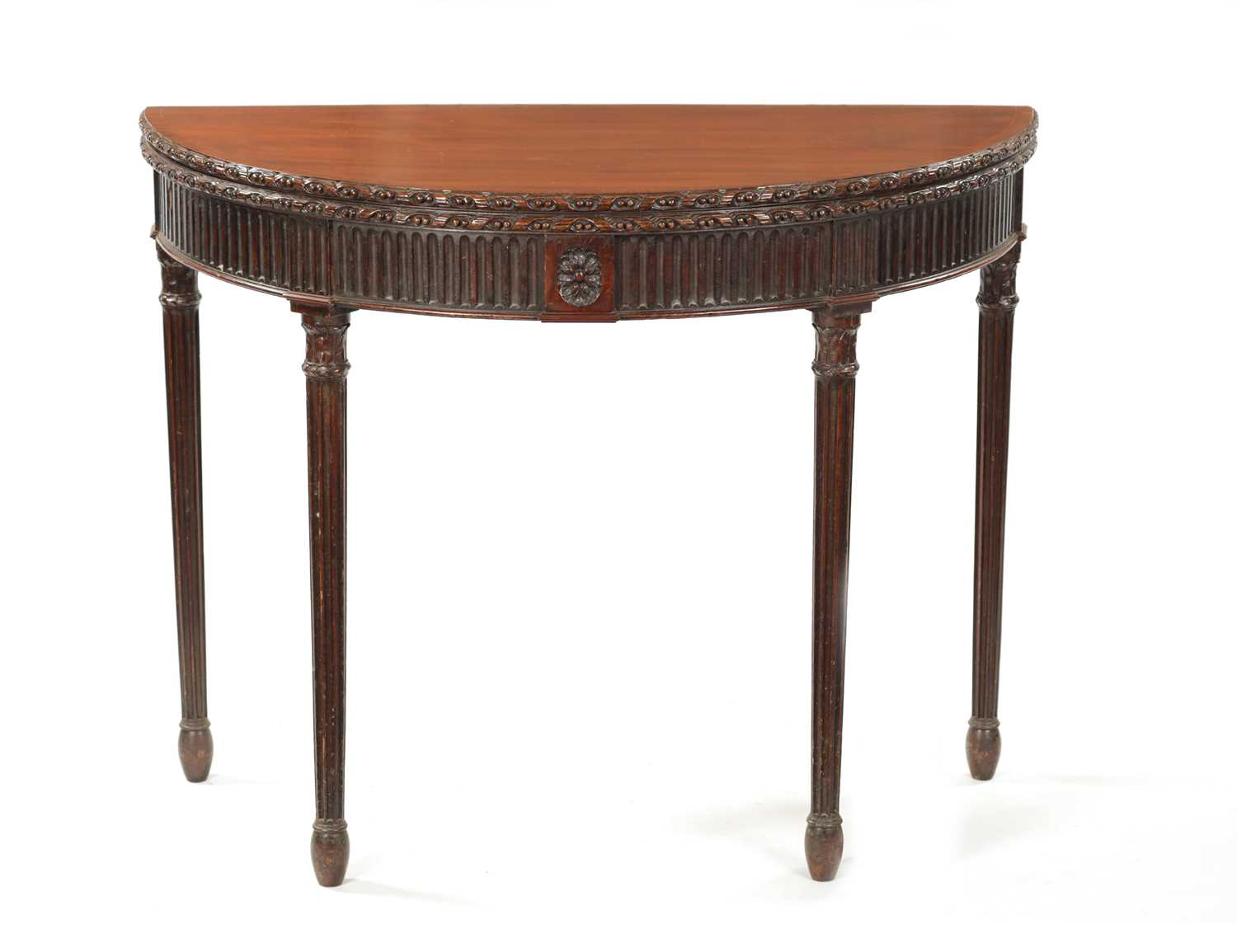 A GEORGE III MAHOGANY DEMI LUNE CARD TABLE IN THE MANNER OF ROBERT ADAM