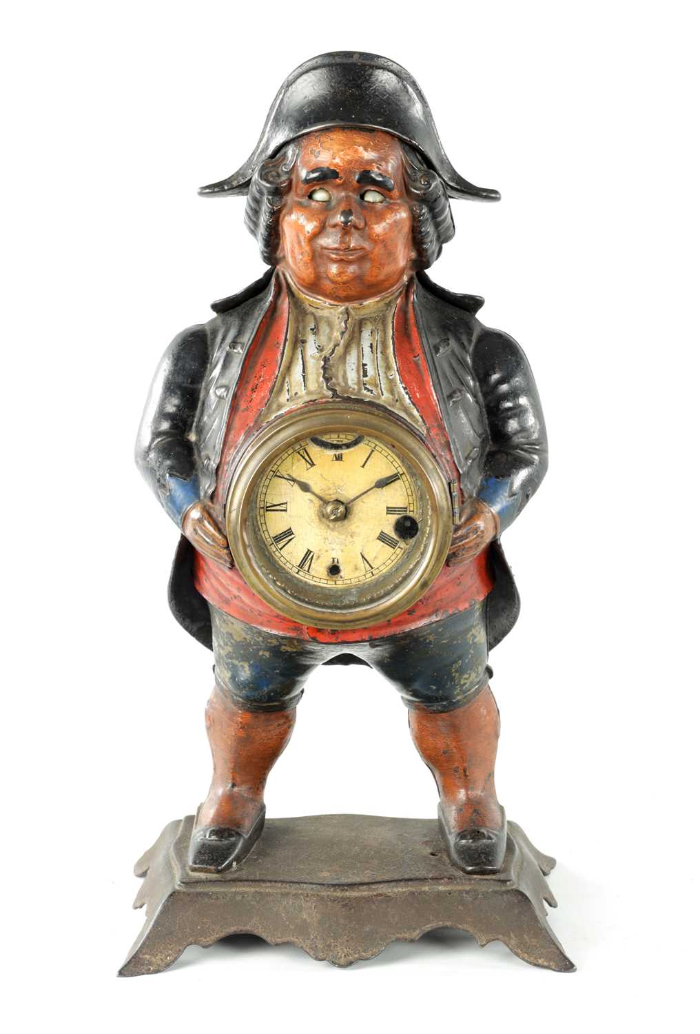 AN AMERICAN POLYCHROME PAINTED CAST IRON FIGURAL BLINKING EYE "CONTINENTAL MODEL" MANTEL TIMEPIECE