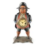 AN AMERICAN POLYCHROME PAINTED CAST IRON FIGURAL BLINKING EYE "CONTINENTAL MODEL" MANTEL TIMEPIECE