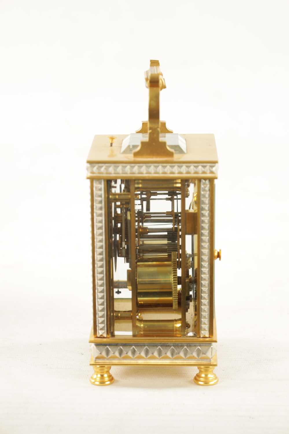 A LATE 19TH CENTURY GILT BRASS AND SILVERED REPEATING CARRIAGE CLOCK - Image 3 of 5