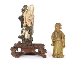 TWO CHINESE CARVED COLOURED HARDSTONE STANDING FIGURES