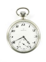 AN EARLY 20TH CENTURY STEEL ZENITH OPEN FACE POCKET WATCH WITH MANUAL WIND MOVEMENT