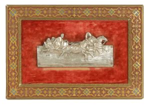 A LATE 19TH CENTURY RUSSIAN SILVER PLAQUE DEPICTING COSSACKS ON A SLAY PULLED BY HORSES