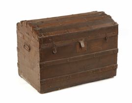 A 19TH CENTURY DOME TOP STUDDED AND SLATTED CANVAS COVERED TRUNK