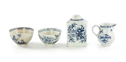 A COLLECTION OF FOUR LOWESTOFT BLUE AND WHITE PORCELAIN TEA WARES