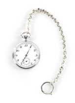A 20TH CENTURY STEEL POCKET WATCH WITH STEEL CHAIN