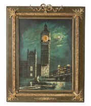 A LATE 19TH CENTURY MOONLIT CLOCK PICTURE DEPICTING THE THAMES AND BIG BEN INLAID WITH MOTHER OF PEA