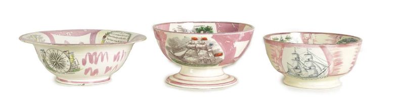 AN EARLY 19TH-CENTURY LARGE SUNDERLAND CREAM WARE BOWL. A MOORE & Co SUNDERLAND BOWL WITH COLOURED S