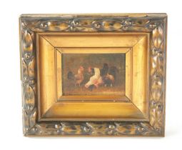 A SIGNED OIL ON ARTIST’S BOARD - GROUP OF POULTRY in moulded gilt frame