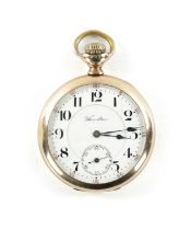 AN AMERICAN HAMILTON GOLD-PLATED OPEN-FACED POCKET WATCH