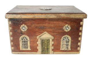 A 19TH CENTURY PINE BOX WITH LATER OVER PAINT FORMED AS A HOUSE