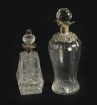 A LATE VICTORIAN SILVER-MOUNTED GLASS LIQUEUR DECANTER AND STOPPER AND GEORGE V SILVER MOUNTED CUT G