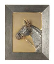 A LATE 19TH CENTURY GILT METAL RELIEFWORK HORSES HEAD SCULPTURE