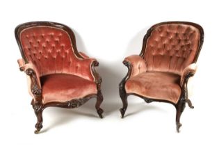 TWO 19TH CENTURY CARVED WALNUT MATCHED DRAWING ROOM CHAIRS