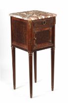 A LATE 19TH CENTURY FRENCH MAHOGANY MARBLE TOPPED BEDSIDE CUPBOARD