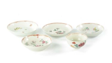 A COLLECTION OF FIVE 18TH CENTURY CHAFFERS TEA BOWL AND SAUCERS