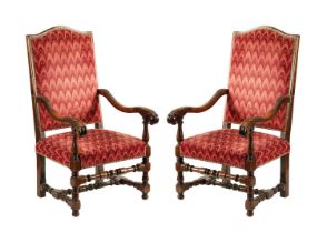 A PAIR OF LATE 19TH CENTURY LOUIS XVI STYLE WALNUT ARMCHAIRS