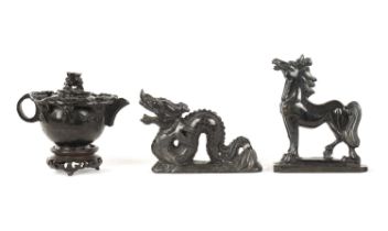 THREE PIECES OF CHINESE CARVED BLACK HARDSTONE SCULPTURE