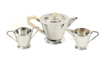 AN ART DECO STYLE SILVER PLATED THREE PIECE TEA SERVICE