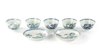 A COLLECTION OF SEVEN 18TH CENTURY CANNONBALL PATTERN TEA BOWLS AND SAUCERS