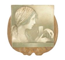A LATE 19TH CENTURY TURN, VIENNA MOULDED AND PAINTED TERRACOTTA HANGING PLAQUE DEPICTING THE HEAD AN
