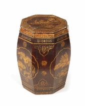 A 19TH CENTURY CHINESE CHINOISERIE DECORATED OCTAGONAL GARDEN SEAT AND COVER