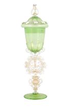A 19TH CENTURY SALVIATI VENETIAN GLASS LIDDED GOBLET WITH LATICINO LAMP WORK DETAILING