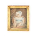 A 19TH CENTURY PASTEL OF A SEATED CHILD WITH BONNET