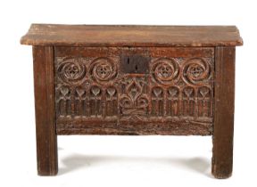 A RARE 15TH/16TH CENTURY GOTHIC OAK PLANK COFFER OF SMALL SIZE