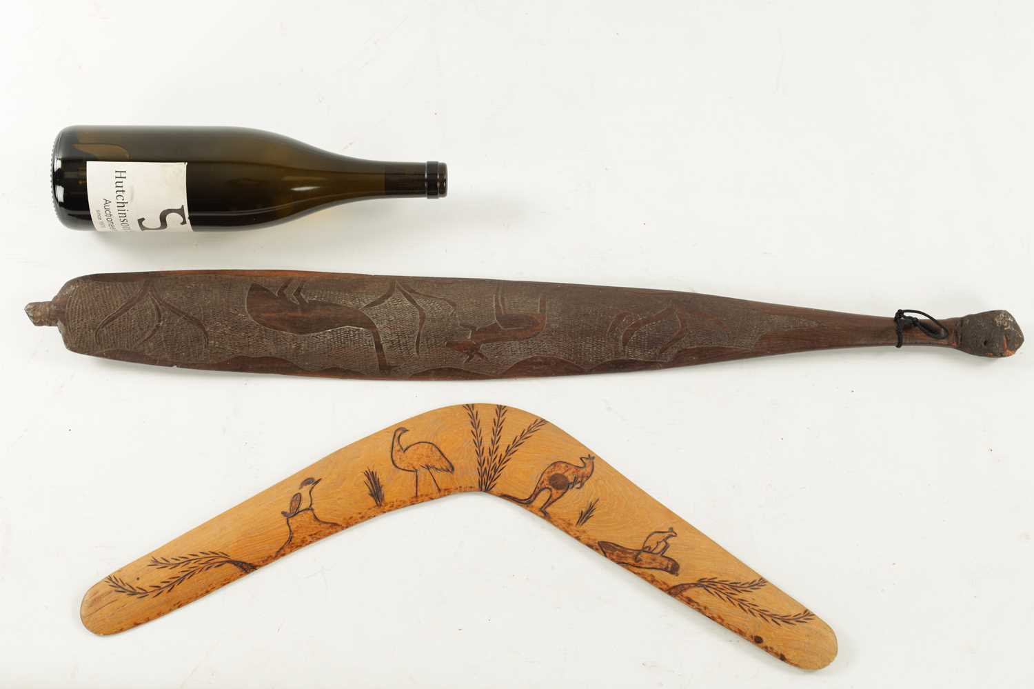 AN ABORIGINAL MULGA WOOD SPEAR THROWER WITH CARVED ANIMALS AND AN OLD BOOMERANG. - Image 2 of 6