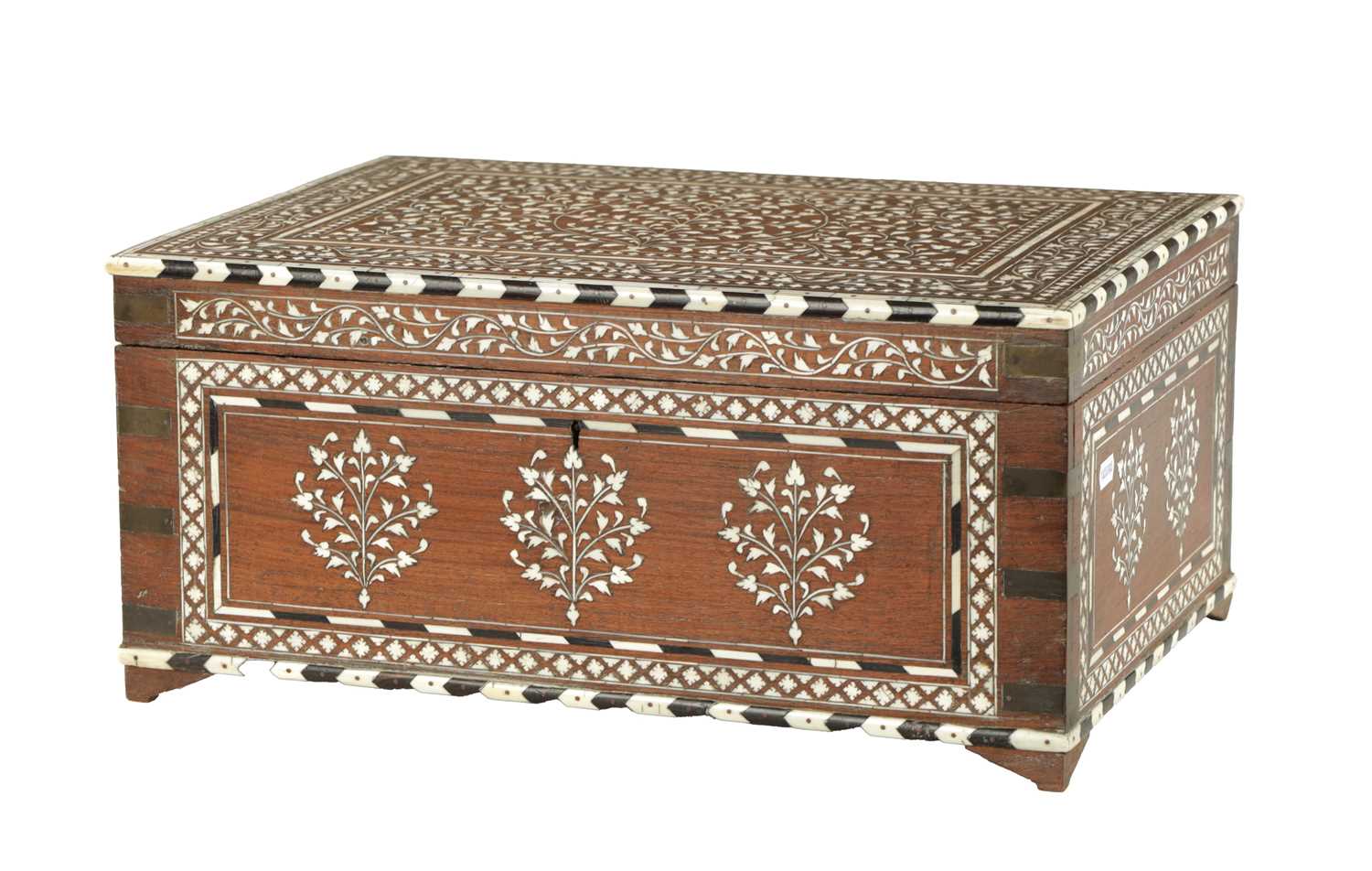 A LARGE LATE 19TH CENTURY ANGLO-INDIAN IVORY AND EBONY INLAID WORKBOX