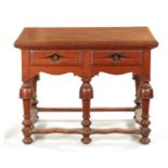AN UNUSUAL 18TH CENTURY COLONIAL PADOUK WOOD TWO DRAWER TABLE ON BALLUSTER LEGS WITH SHAPED STRETCHE