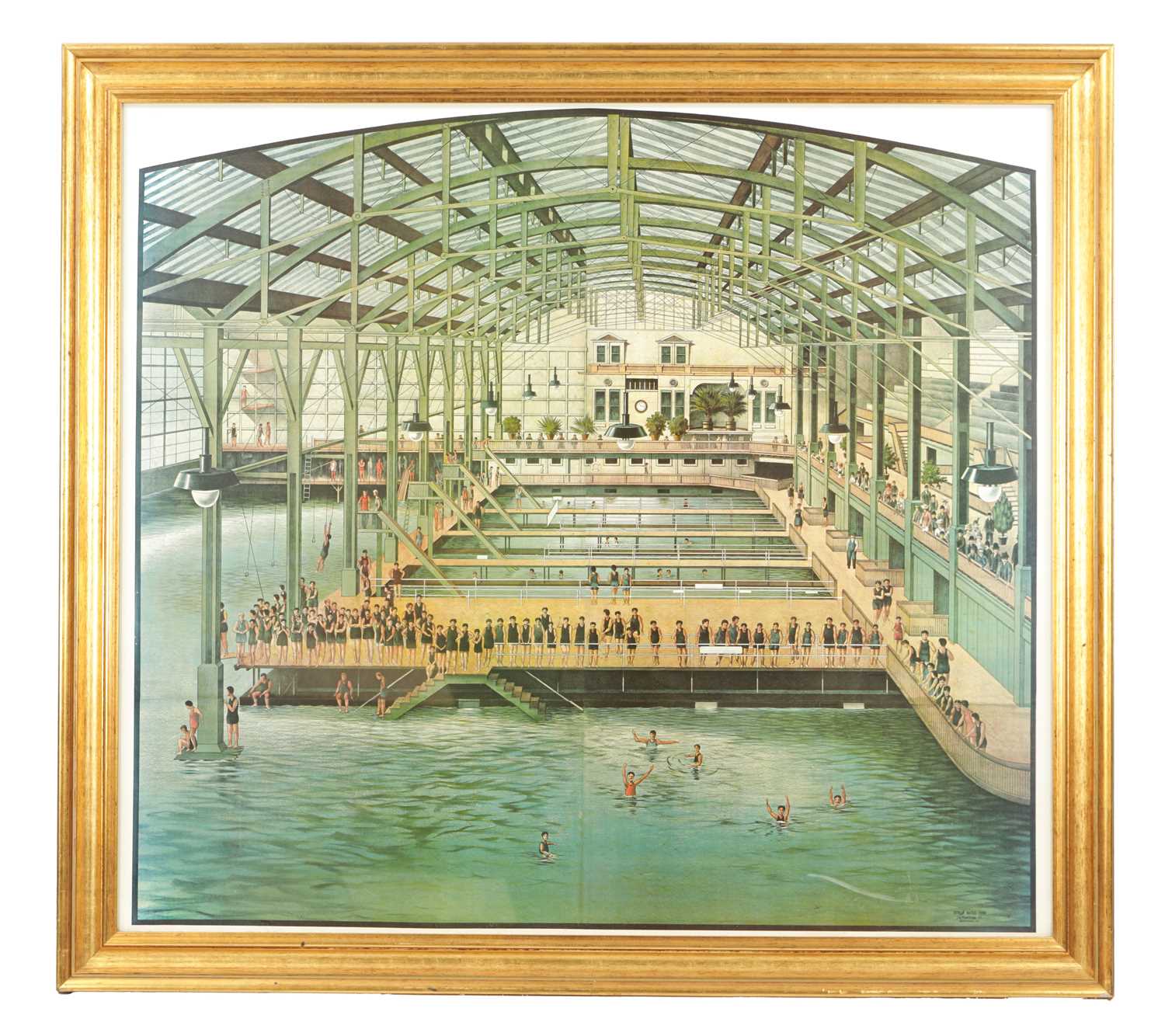 AFTER MARILYN JANECK BLAISDEIL (1928-2016) A LARGE FRAMED COLOURED PRINT OF A SAN FRANCISCO SWIMMING