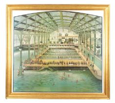 AFTER MARILYN JANECK BLAISDEIL (1928-2016) A LARGE FRAMED COLOURED PRINT OF A SAN FRANCISCO SWIMMING
