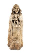 AN ANTIQUE FOLK ART ROOT-WOOD CARVING OF A MOTHER AND CHILD